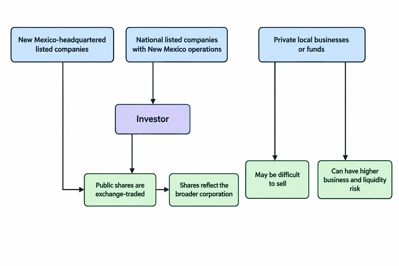 A comparison diagram of public shares, national companies with New Mexico operations, and private local investments, noting differences in local connection and access or liquidity.
